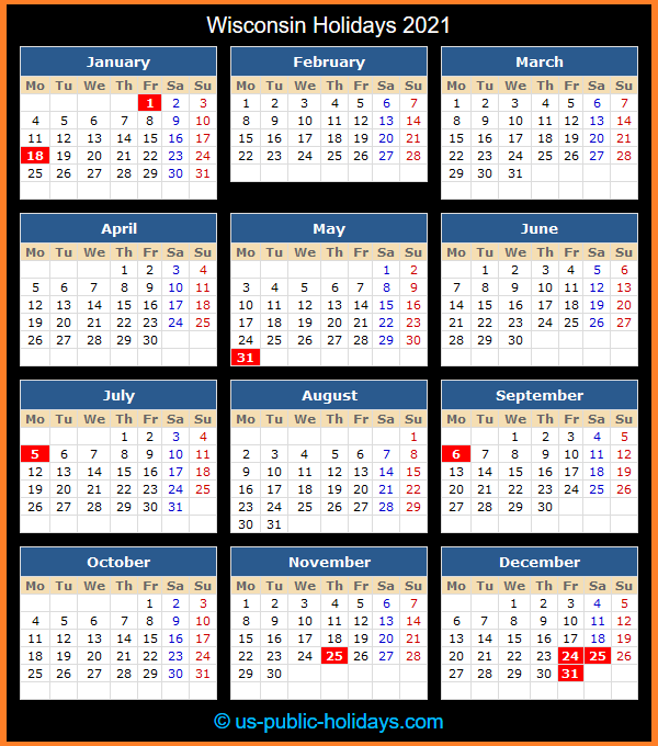 Wisconsin Holiday Calendar 2021
